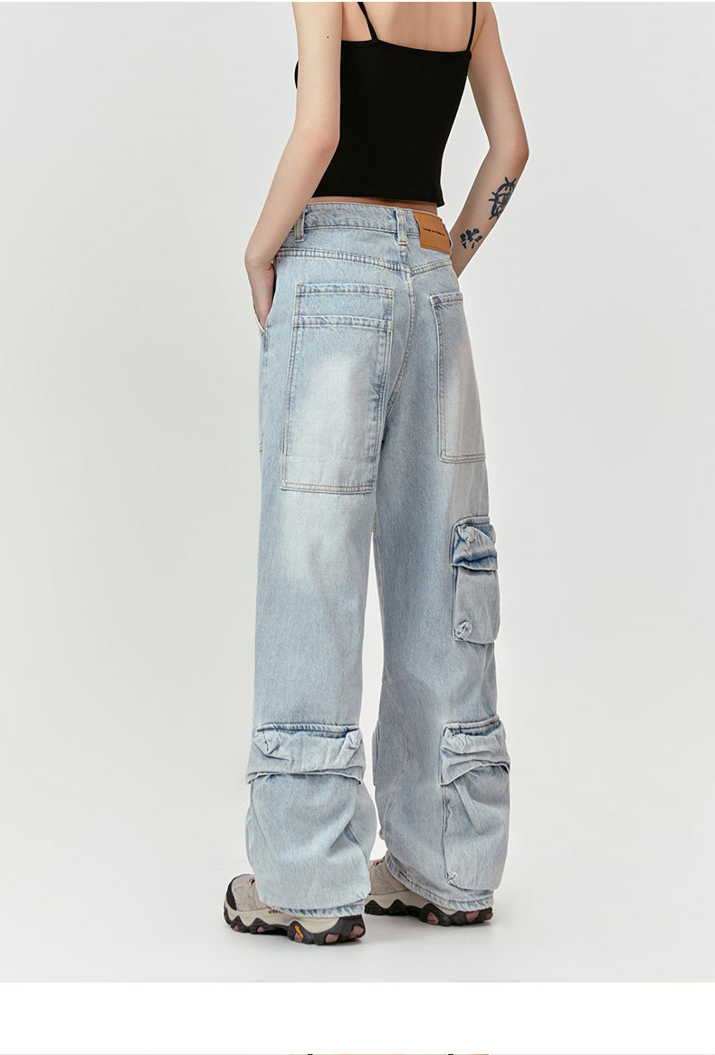 Washed Leg White Faded Multi-Pocket Straight Tapered Jeans Long Pants