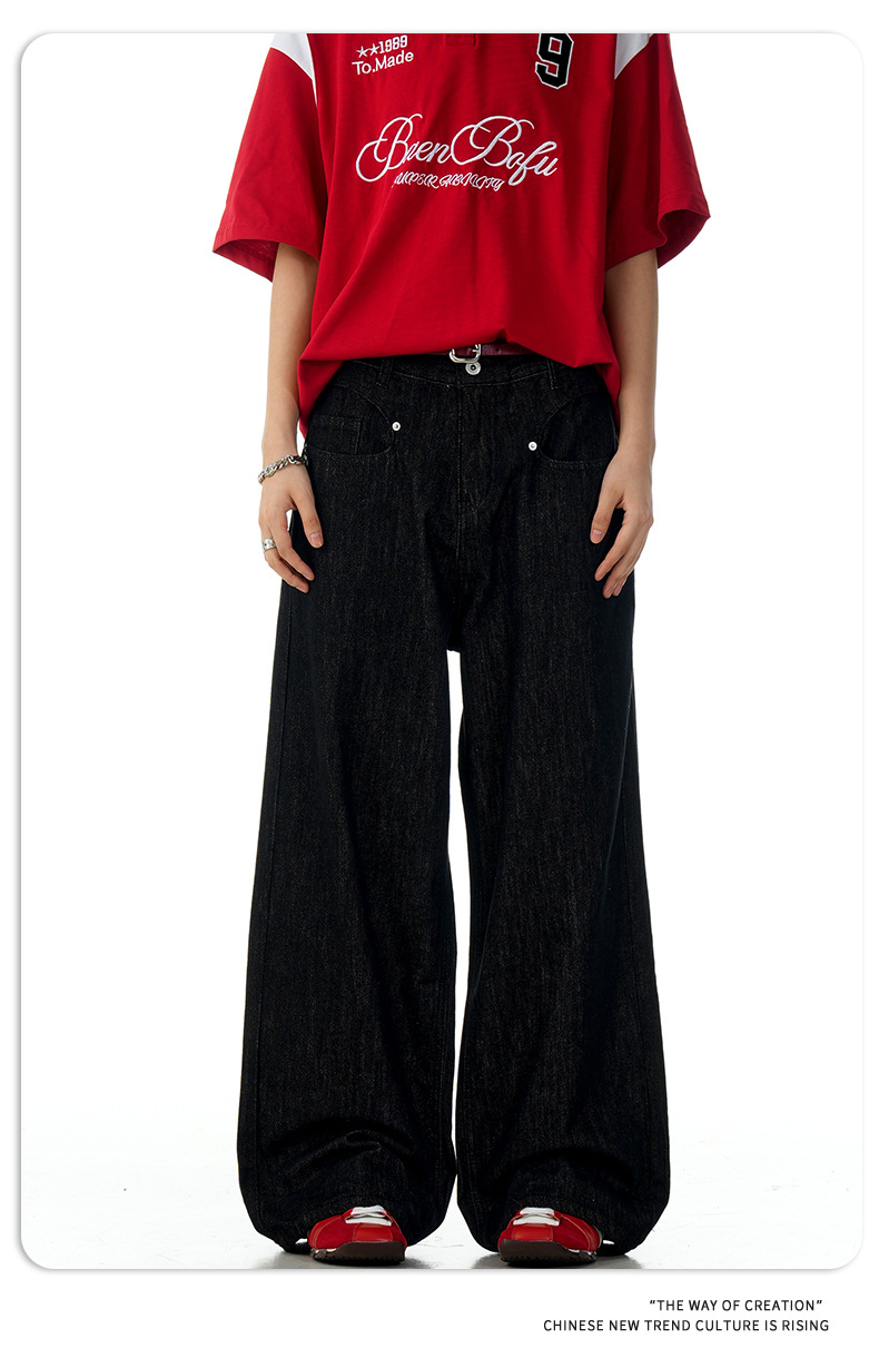 Denim Jeans Faded Unisex Straight A-Line Slim Clean Fit Versatile Long Pants
