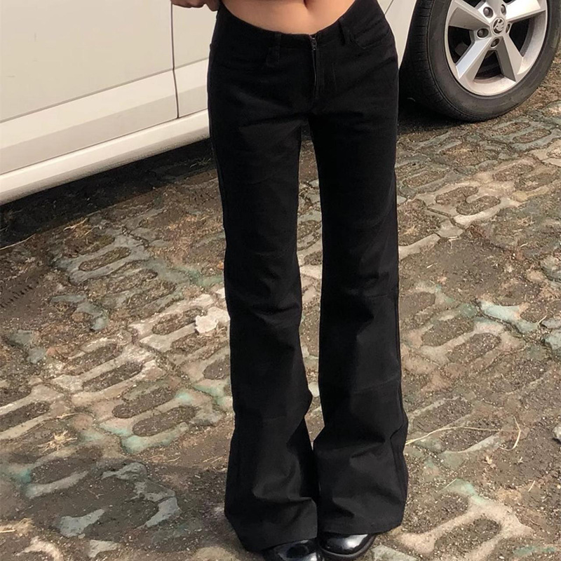 Retro trendy solid color horn low waist zipper denim pants