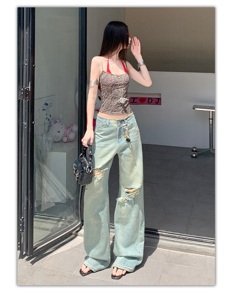 Women's Thin Straight Hole Jeans High Waist Slim Narrow Leg Wide Leg Pants