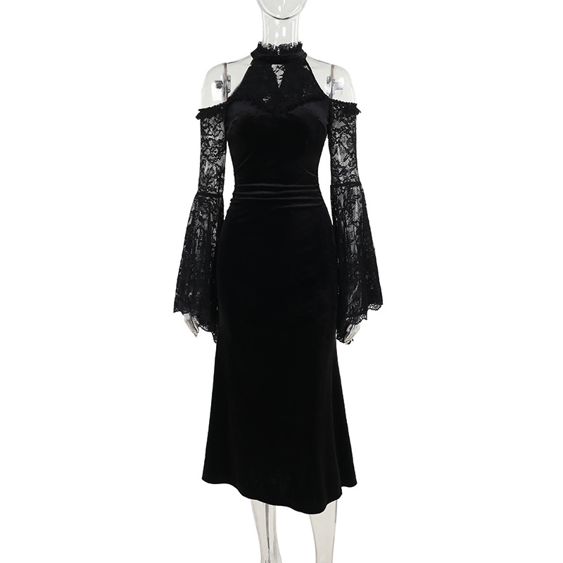 Halter High-Waist Polyester Solid Edgy Bodycon Floor-Length Dress