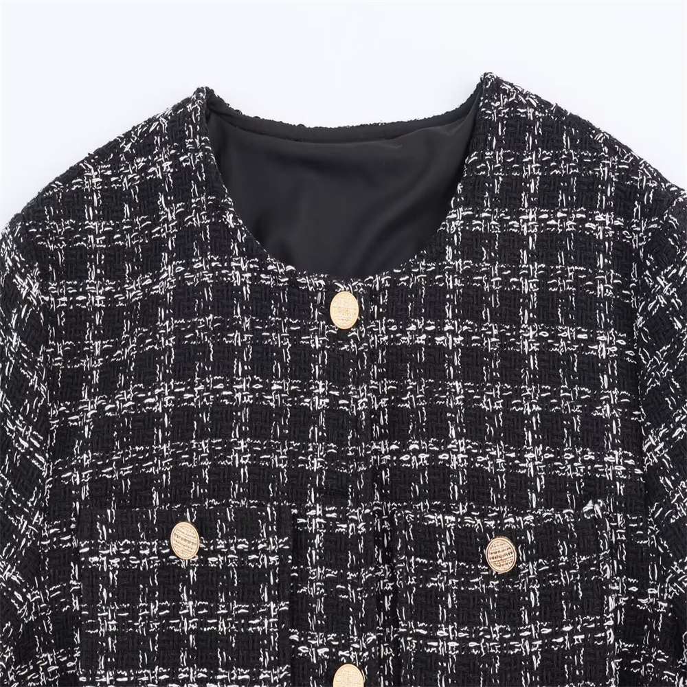Round neck single breasted plaid woolen dress for women