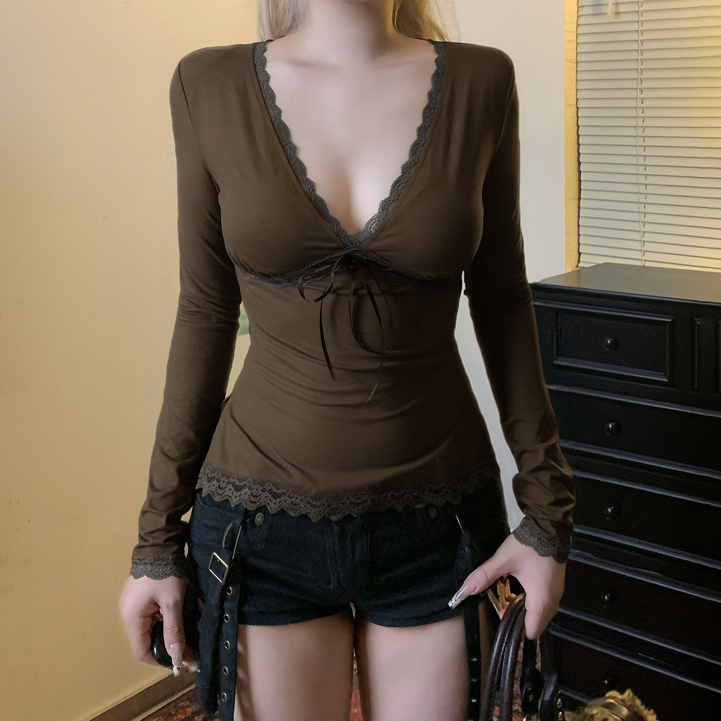 Brushed Milk Silk Cinched Plunging Top