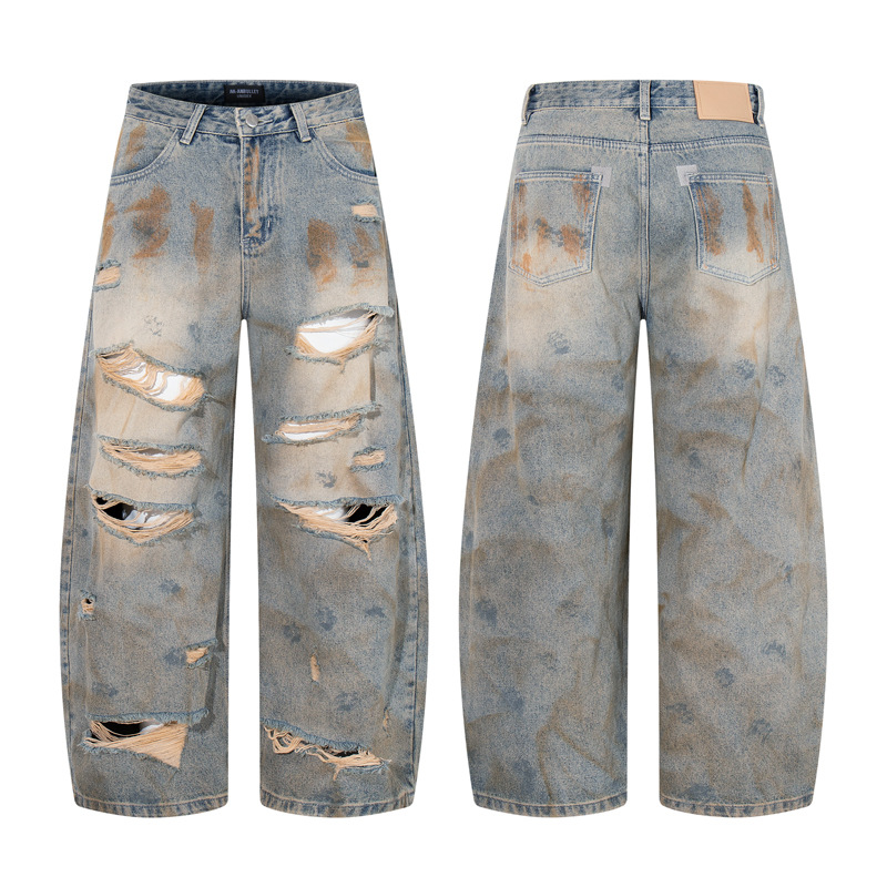 Style Casual Knife-Shape Pants Men Loose Straight Leg Distressed Autumn Fashion Vintage Ripped Jeans