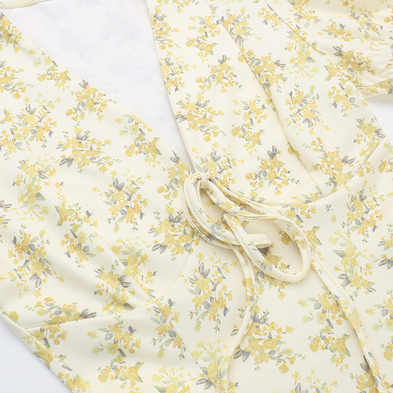 A-Line High Waist Short-Sleeve V Neck Botanical Dress