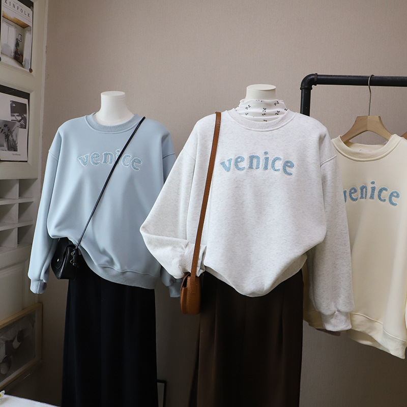 Letter Towel Embroidery Fleece Lined Thick Loose Casual Hoodie for Women
