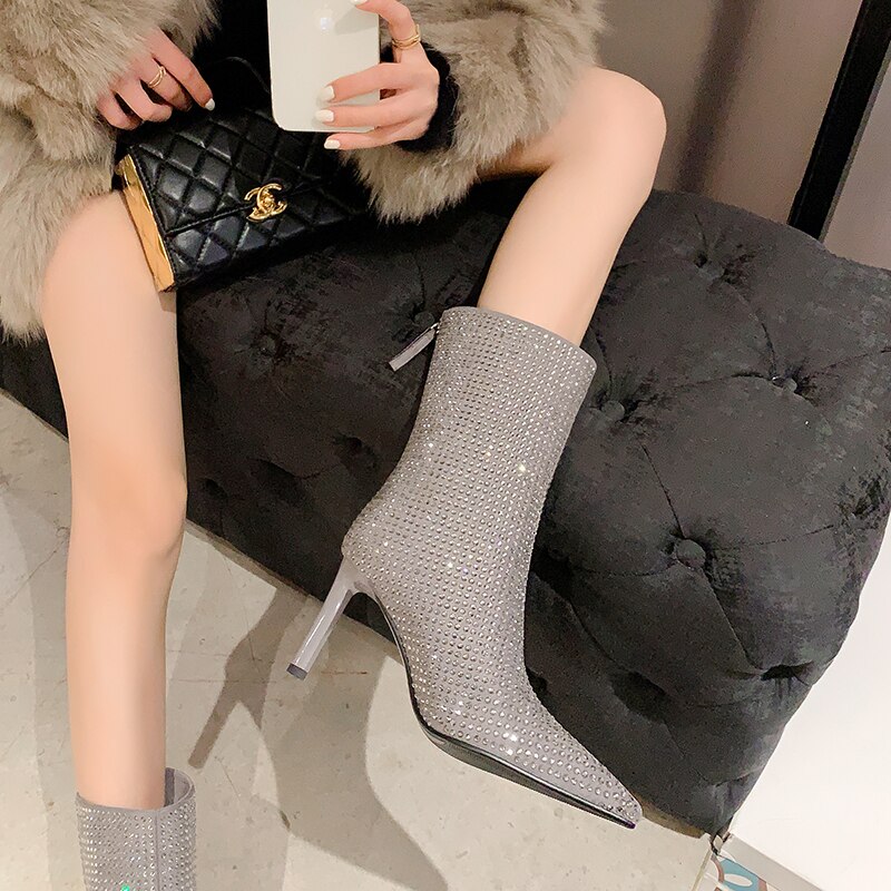 Women's Rhinestone High Heel Booties Fall New Pointed Toe Mid Boots 8.5cm High Heel Black Rhinestone Side Zipper Boots Size 39