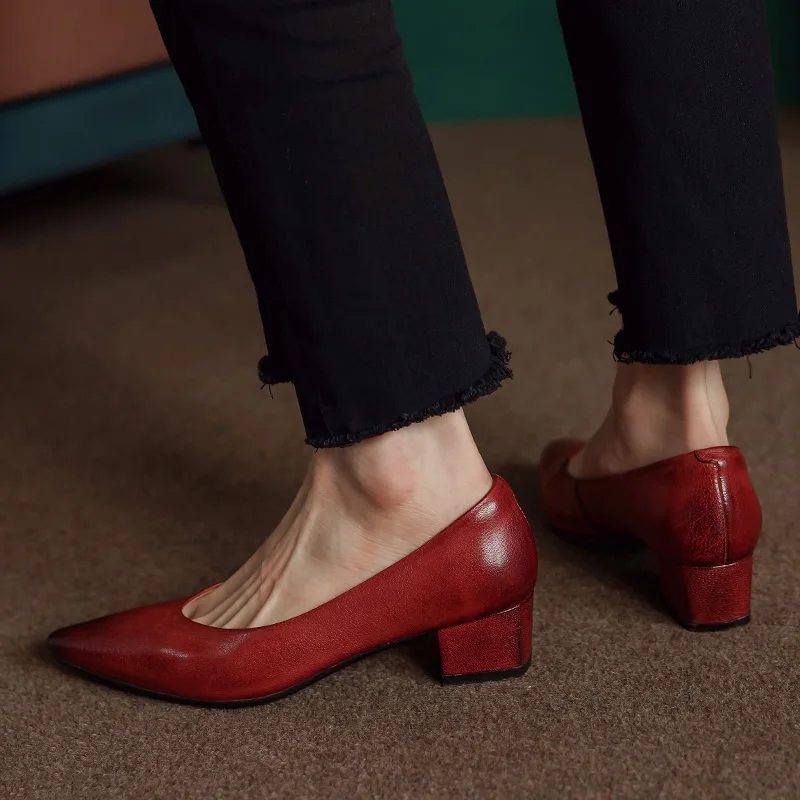 Classic Concise Women Pumps Thick Heels Genuine Leather Office Lady Working Mature Basic Shoes Spring Autumn 34-40