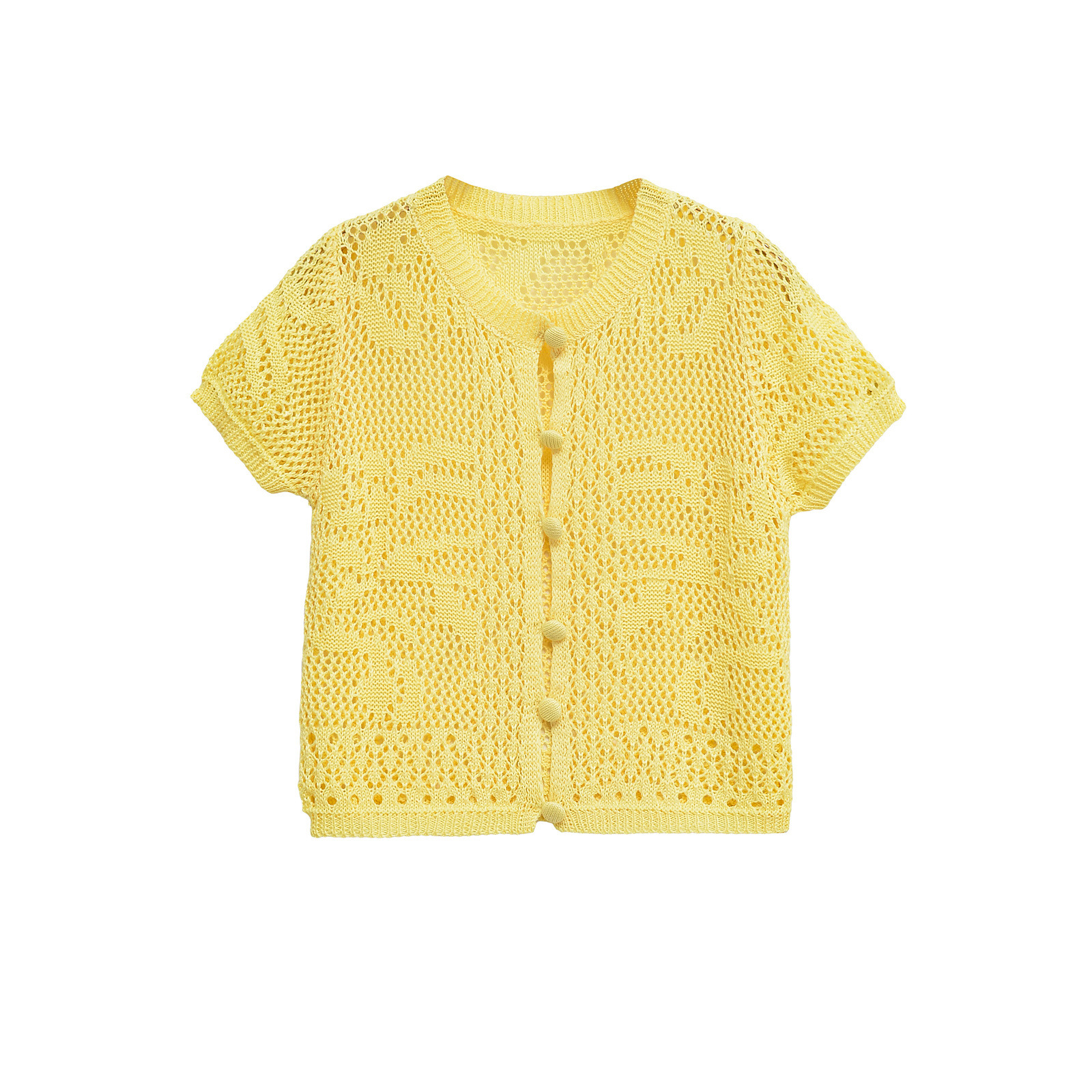 Hollow mesh single breasted knitted T-shirt top for women