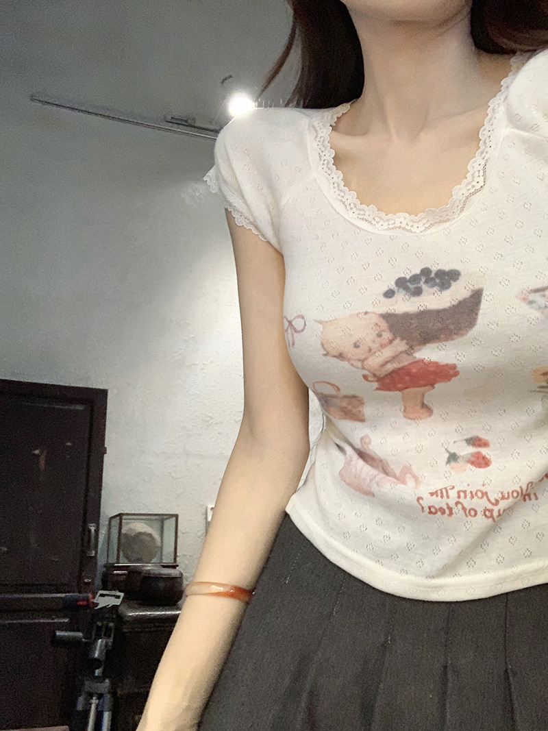 Lace lace slim fit short sleeved T-shirt