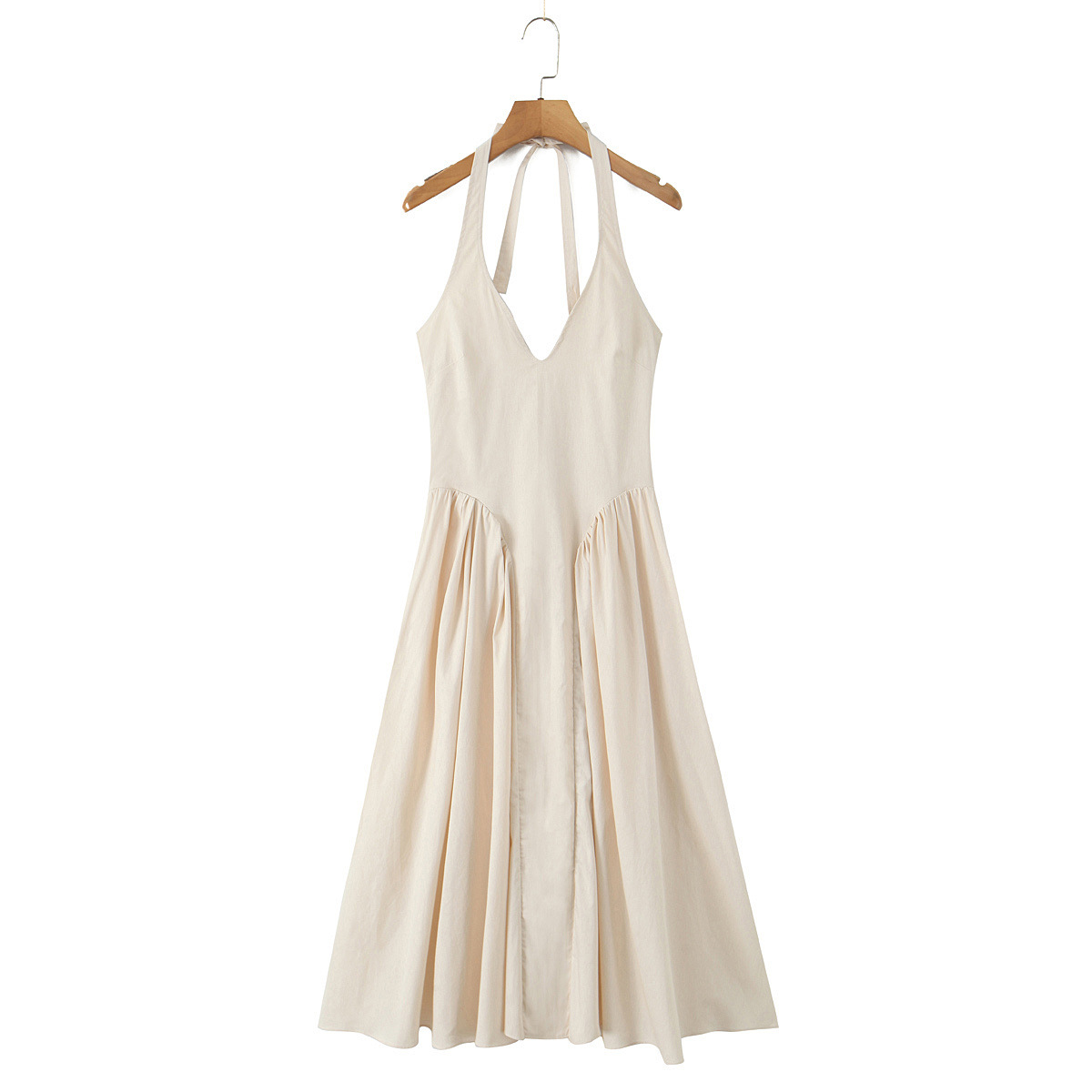 Backless hanging neck solid color waist cinched dress for women
