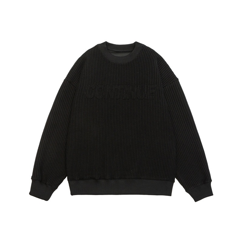 Solid color letter embossed round neck loose knit sweater