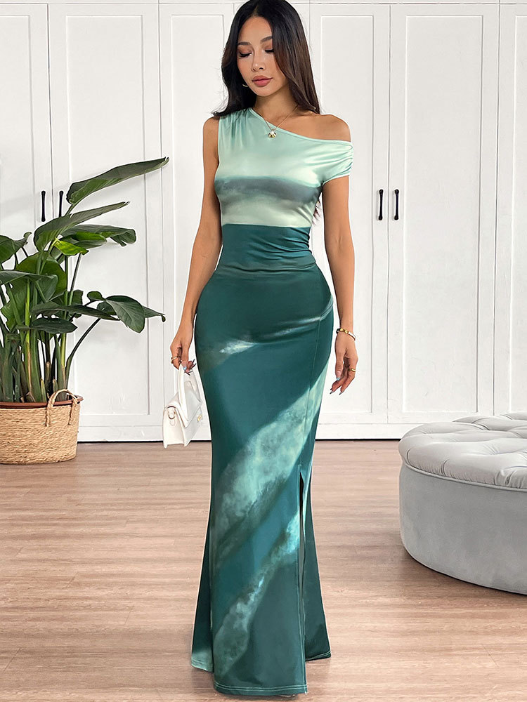 Sleeveless Patterned Body-Hugging Long Side Split Dress