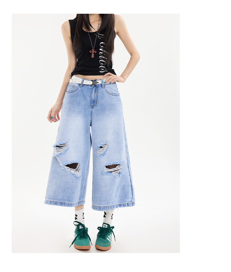 Black Gray Hole Seven-Point Denim Pants Women Vintage Wide-Leg Straight Leg Pants High Street Trendy