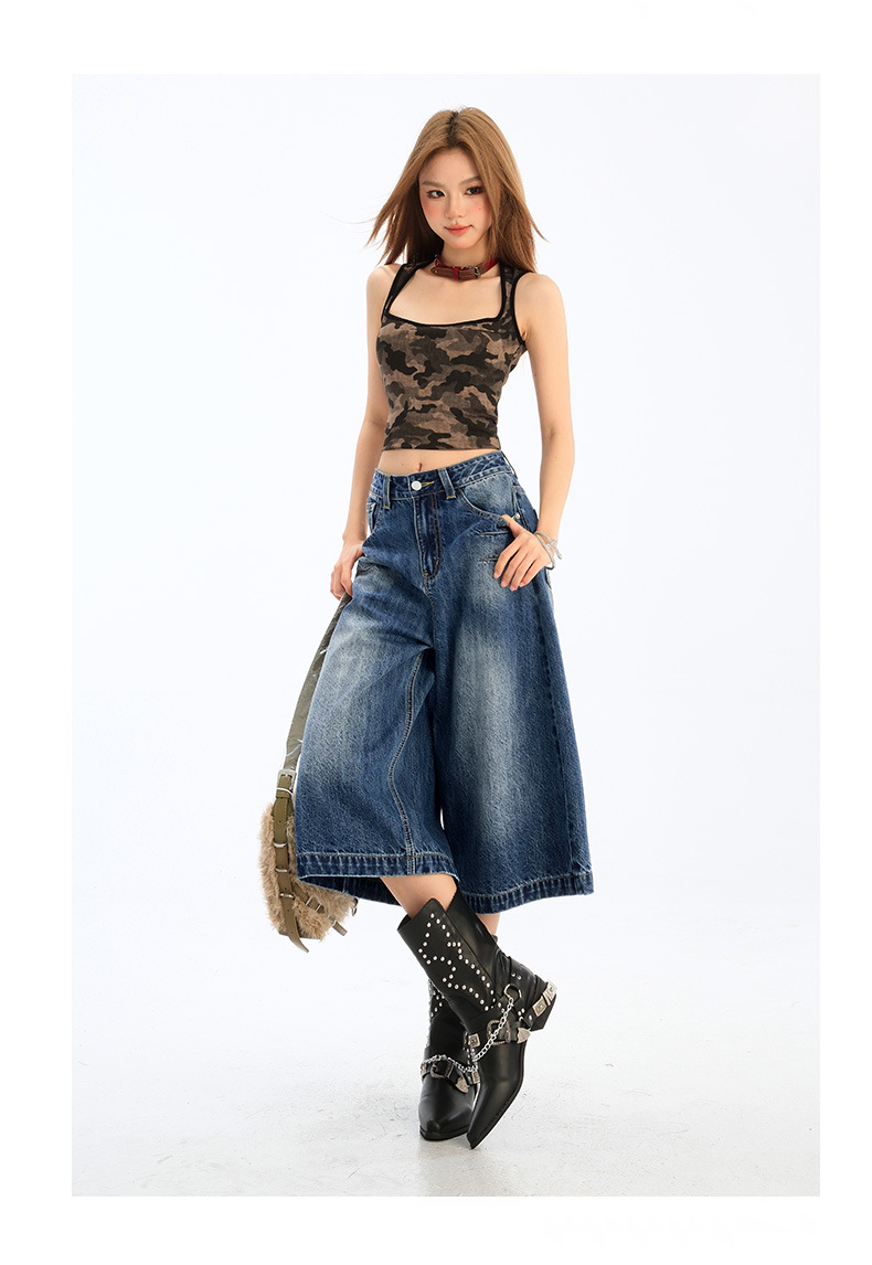 Wide-Leg Seven-Point Denim Pants for Women High-Waist Loose Fit Lazy Style Straight Leg Versatile Mid-Length Trousers