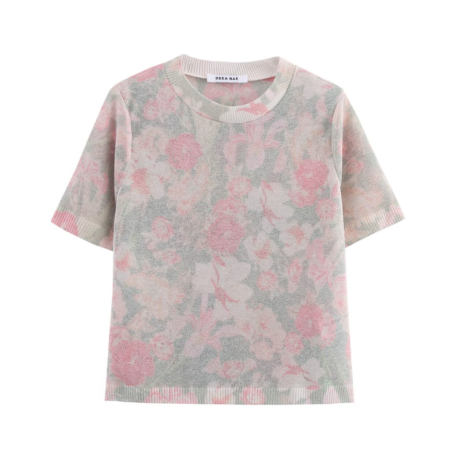 Flower Pattern Crew Three-Quarter Sleeve Polyester Top