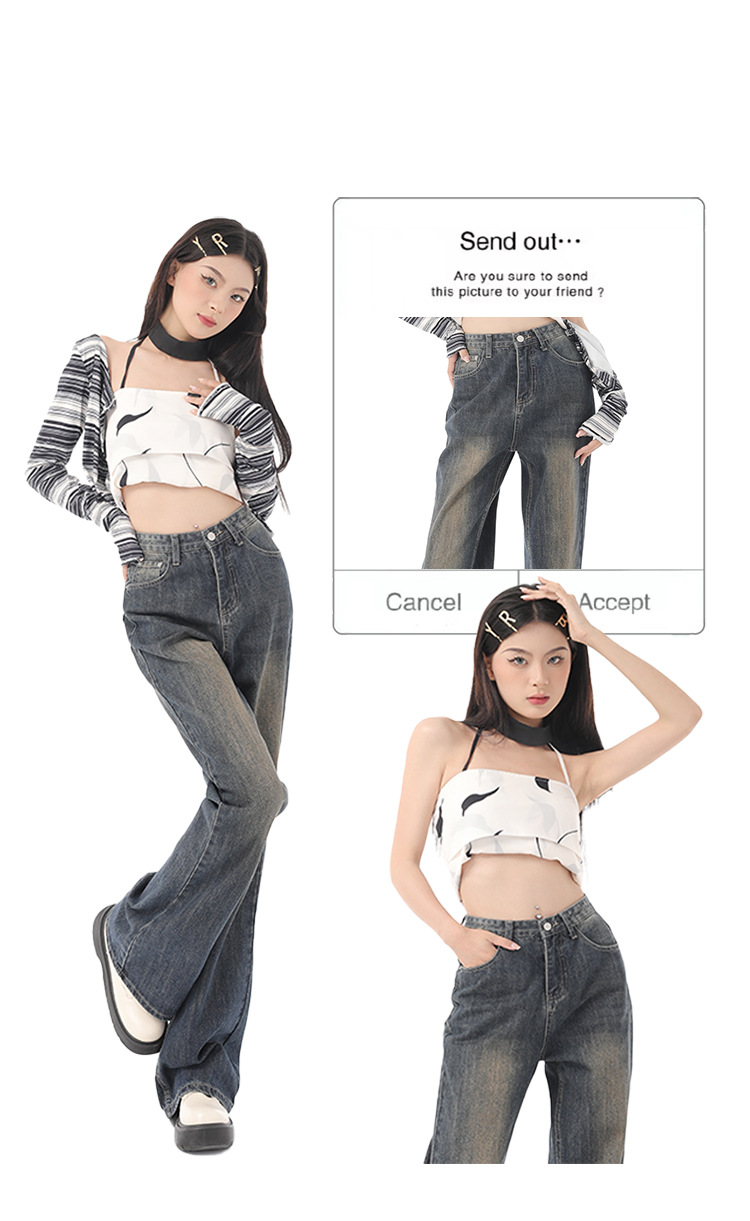 Distressed Loose Drape Straight Floor-Length Pants Wide-Leg Flare Jeans for Women