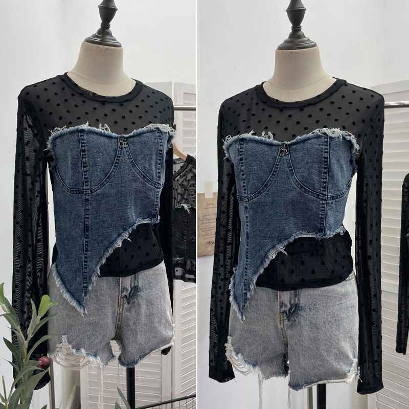 Asymmetric Distressed Jean Tailored Cropped Wrist-Length Tee