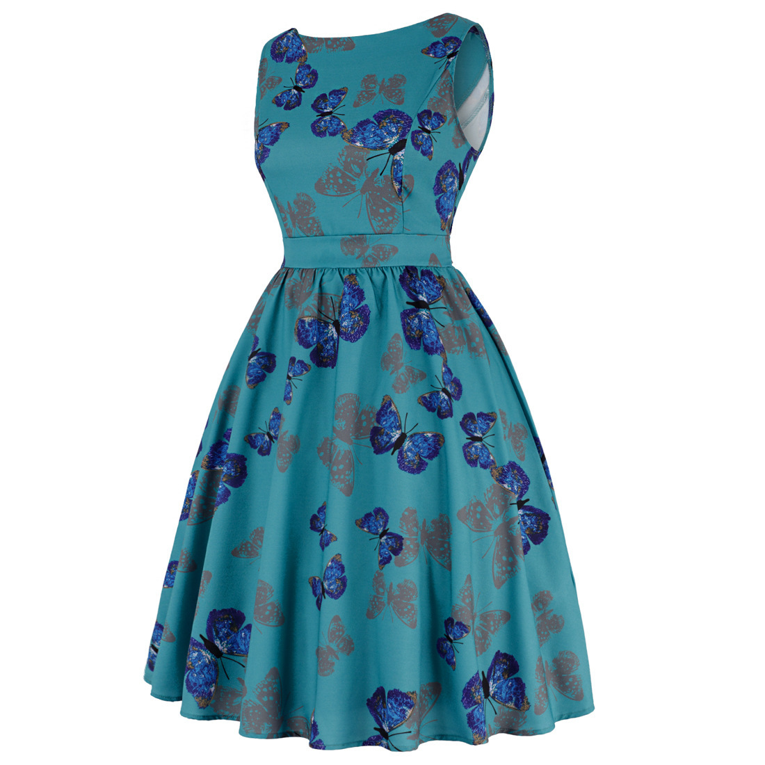 V-Neck Sleeveless High-Rise Flared Vintage Retro Patterned Dress
