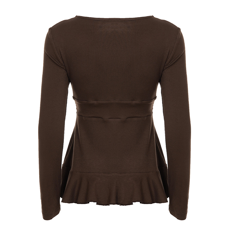 Solid Flounce Long Sleeve Short Tee Metallic Trim