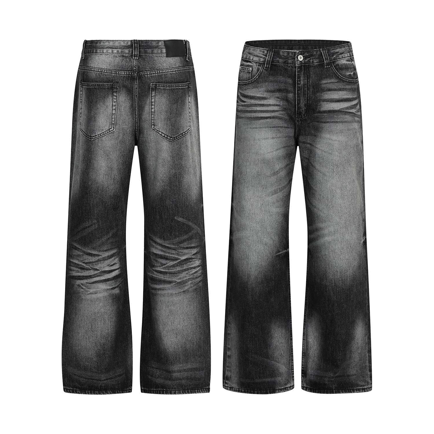 Retro Street Style Cat Whisker Pattern Loose Fit Men's Washed Black Flare Jeans