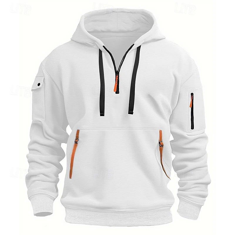 Loose Warm Men Hip-Hop Striped Cargo Zip Hoodie