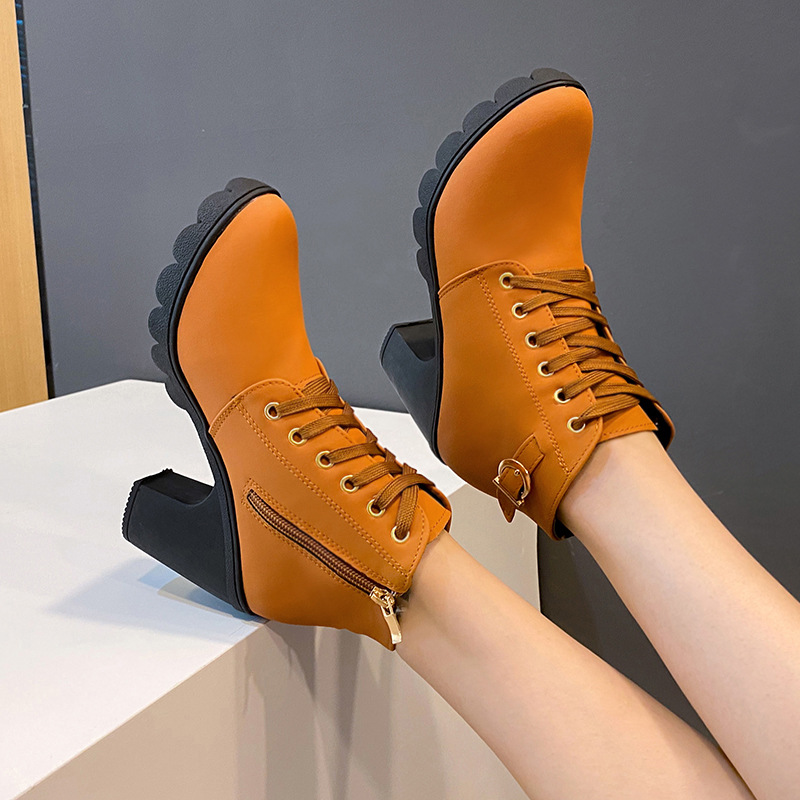 High heels belt buckles thick heels round toe Martin boots for women
