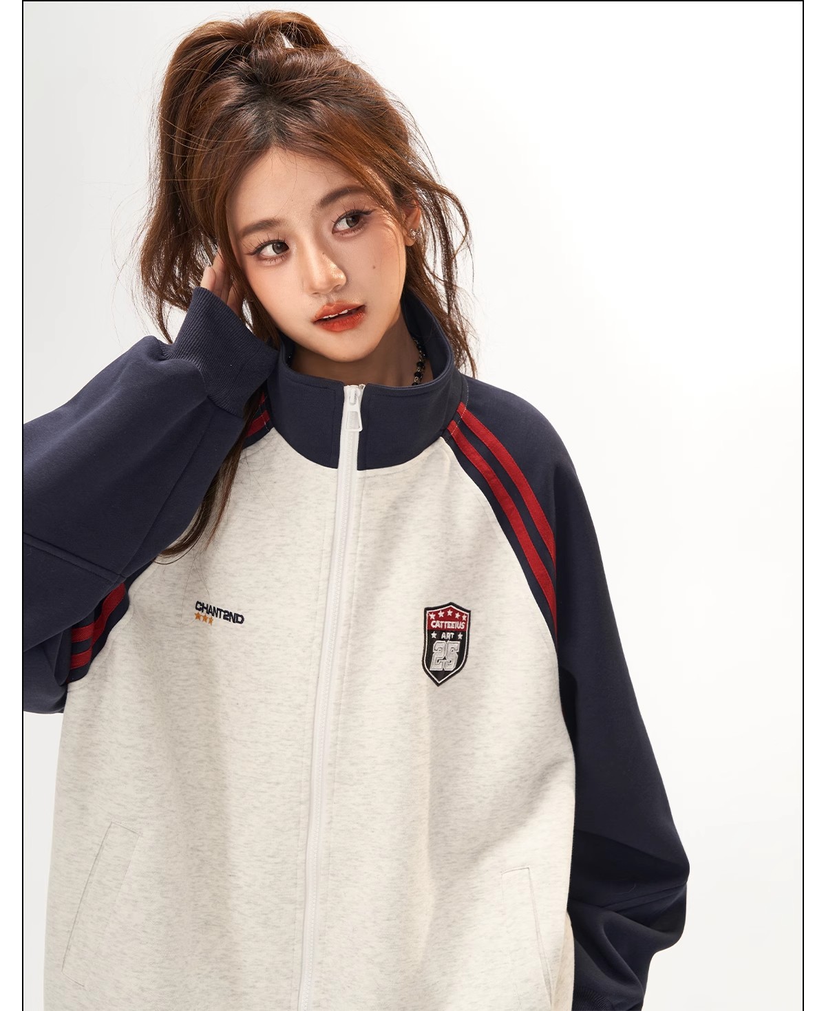 Retro Jacket for Women, High-End Patchwork Raglan Sleeve Hoodie Cardigan, Versatile Stand-Up Collar Top