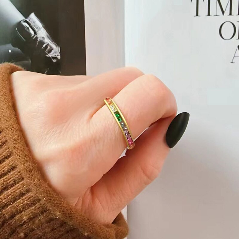 1 PC Silver Color Multicolor Zircon Ring For Women Couples Trendy Personality Square Geometric Jewelry Accessories Gifts