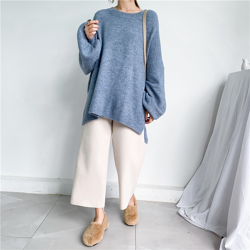 Navy Oversized Crew Collar Balloon Cuff Knit Jumper