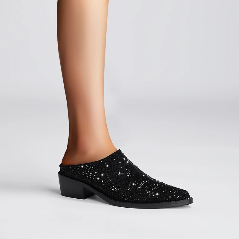 Ladies Tapered Toe Chunky Suede Crystal Mules
