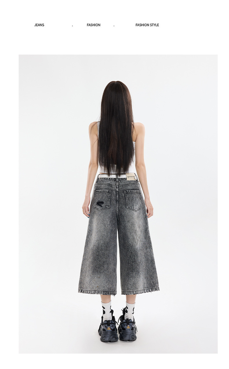 Black Gray Hole Seven-Point Denim Pants Women Vintage Wide-Leg Straight Leg Pants High Street Trendy