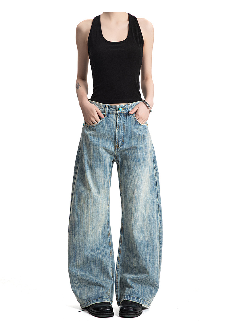 Washed Bamboo Slub Faded White Unisex Summer Loose Straight Denim Pants