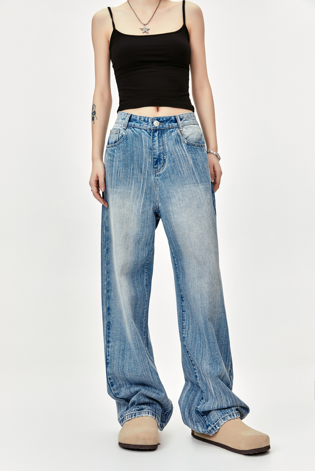Washed Design Streamline Scratch Oversize Floor-Length Denim Pants