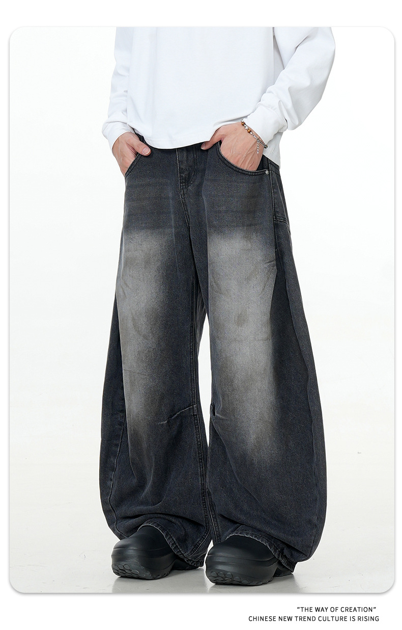Black Faded Tapered Jeans Slim Baggy Loose Fit Casual Wide Leg Long Pants