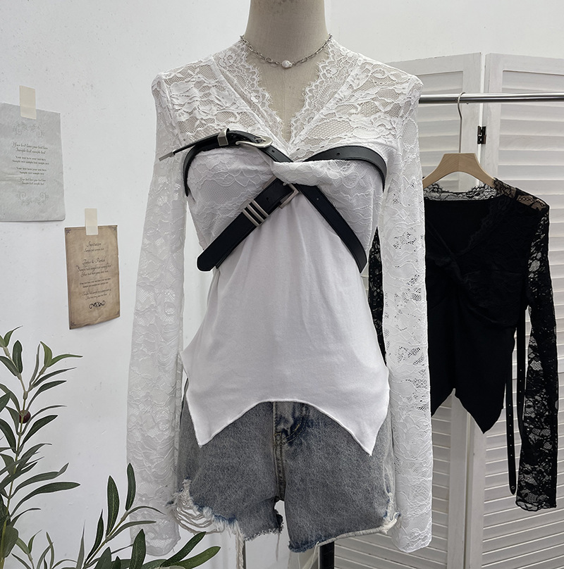 Plunging Wrist-Length Cropped Asymmetric Hem Cinch-Waist Top