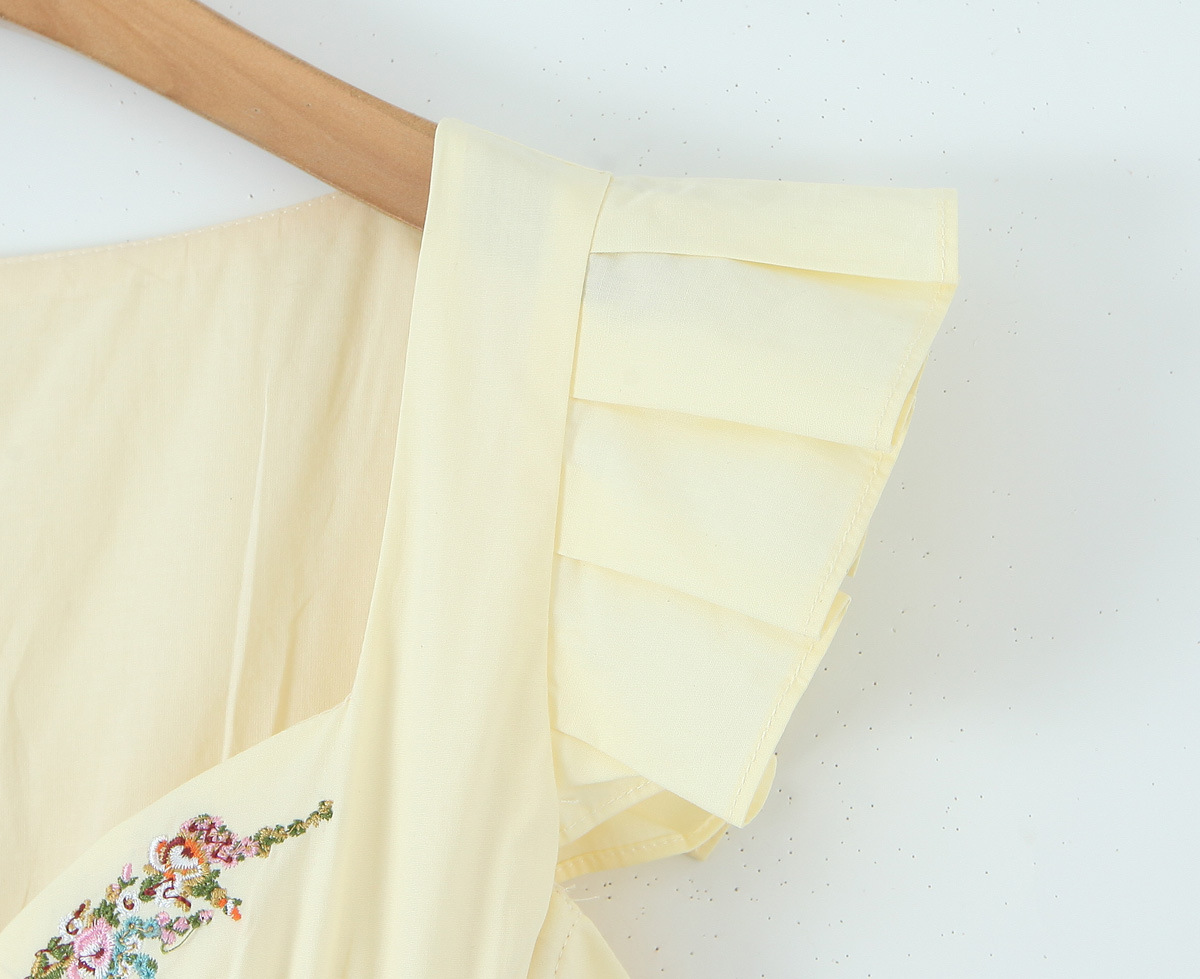 Wide Neck Short Sleeve A-Line Cotton Embroidery Dress