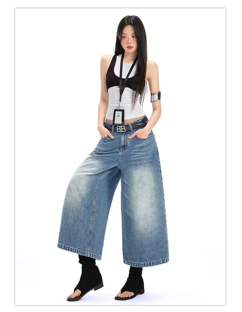 Denim Cropped Pants for Women High Street Relaxed Fit Straight Leg Wide-Leg Mid-Length Pants