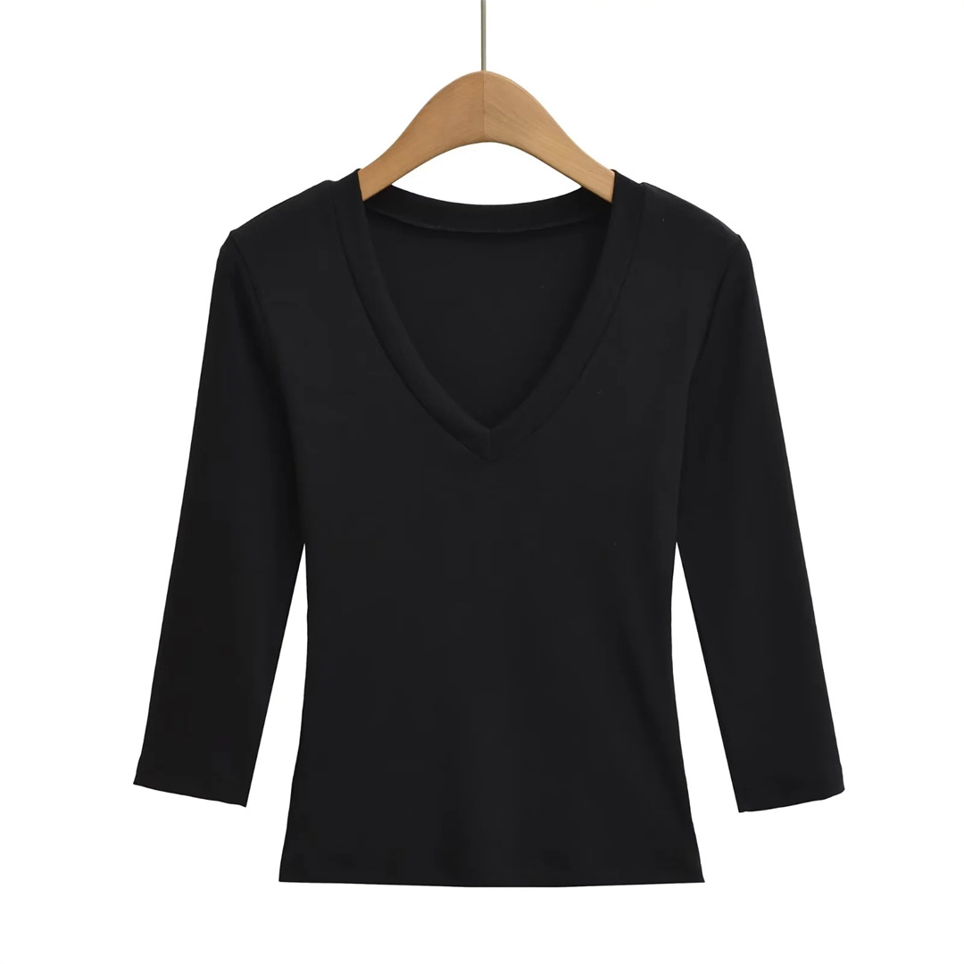 Ladies Streetwear Plain Stretch Elbow-Length Plunge Layering Tee