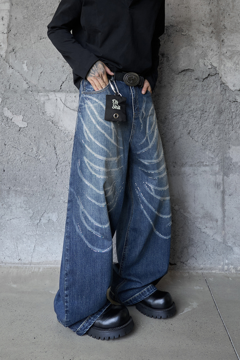 Style Butterfly Cat Whisker Laser-Printed Denim Pants with Unique Design, Wide Leg, Loose Fit, Straight Cut, Oversized Jeans