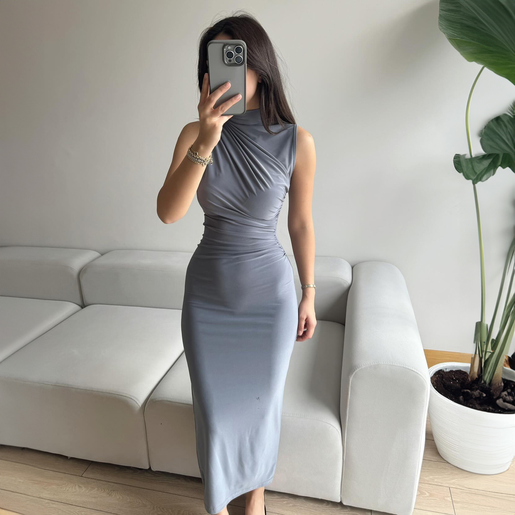 Mock Neck Side Split Bodycon Maxi Dress
