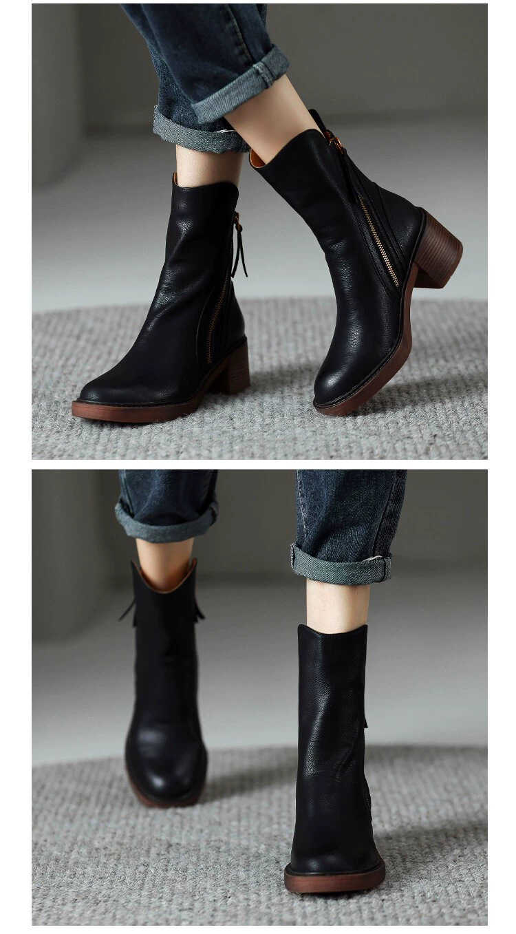 Round headed double zipper thick heel sponge bottom brown retro Martin boots for women