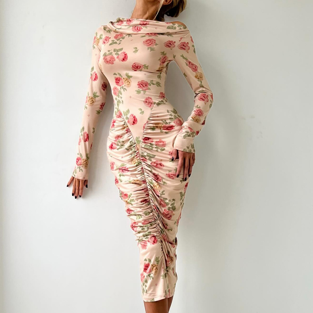 High Waist Asymmetric Full Sleeve Midi Pencil Dress