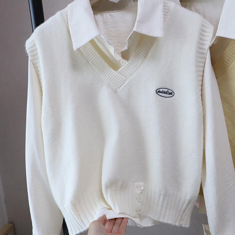 Fashion Two-Piece Set Shirt + Letter Embroidered Knit Vest for Women