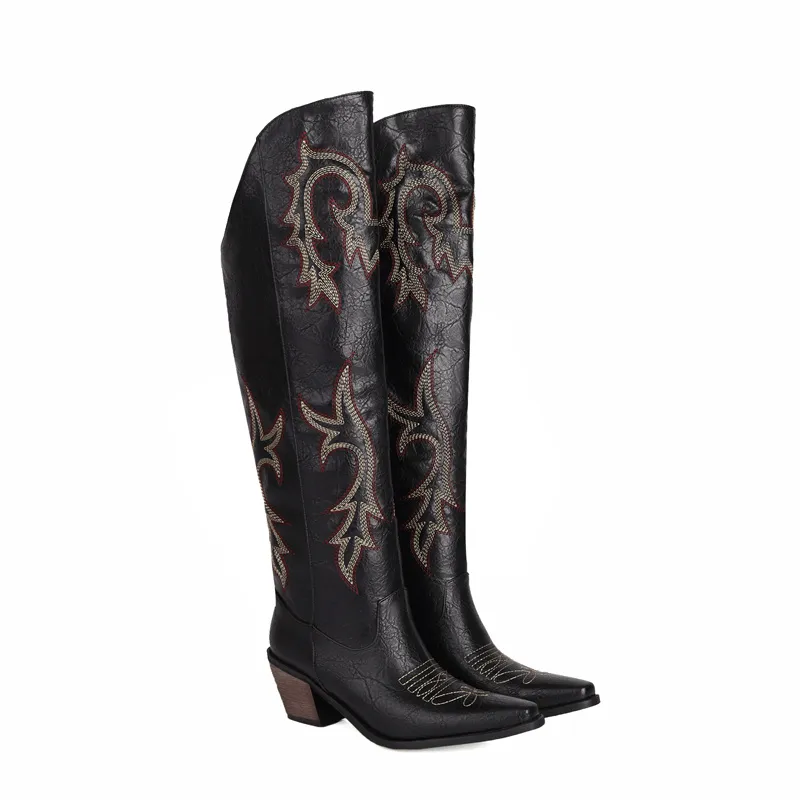 Country Thigh Block Sole Sharp Tip Boots
