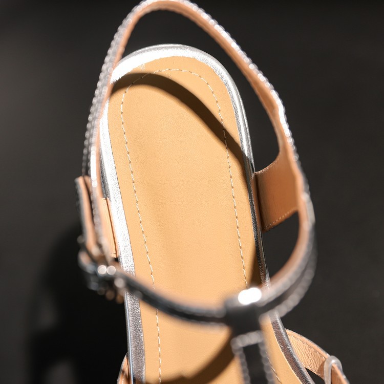 Cowhide foreskin hollowed out T-shaped strap flat sandals Mary Jane shoes
