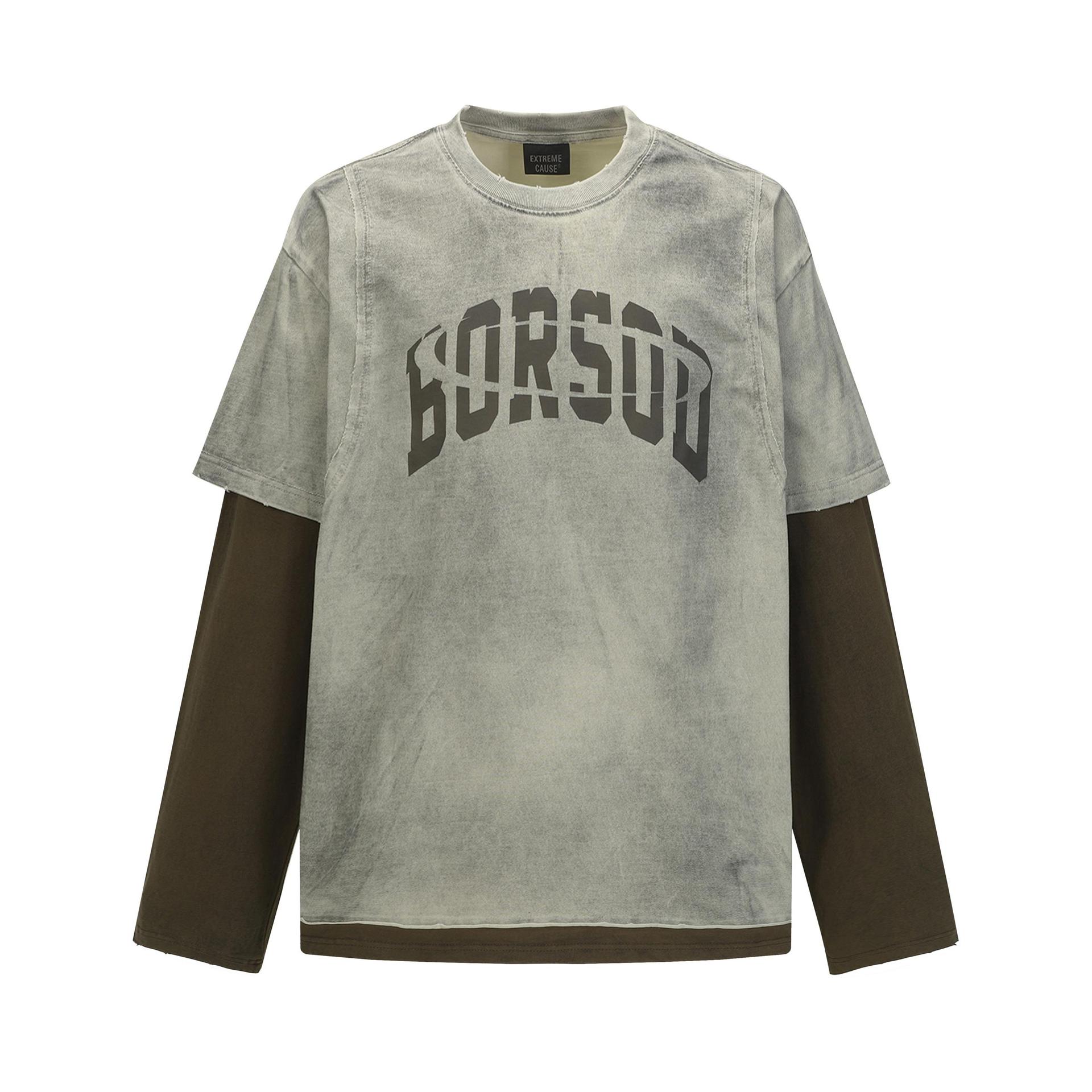 Cotton Vintage Letter Print Contrast Mock Layered Hoodie