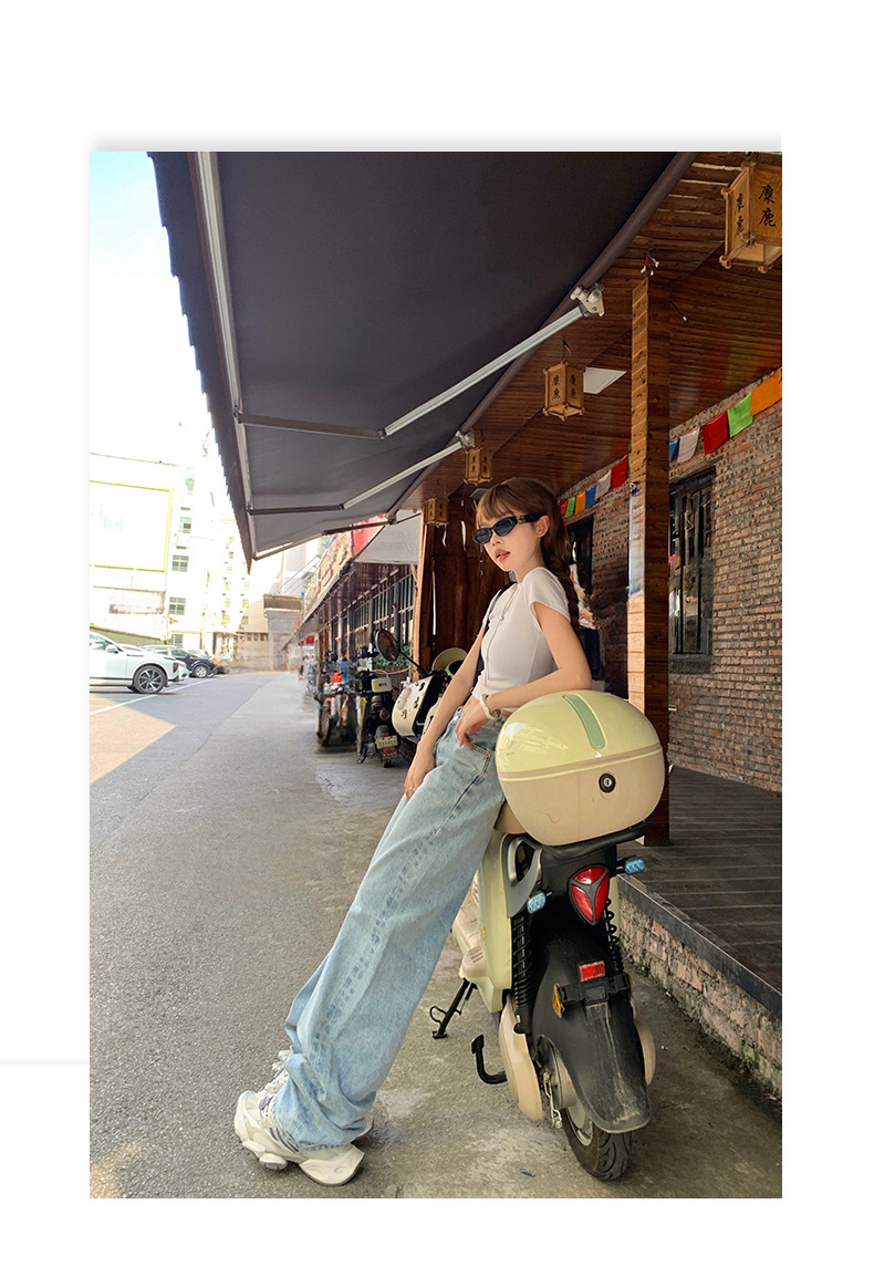 Washed Blue V-neck Waist Straight Leg Jeans Women Loose Slimming High-waisted Versatile Drape Floor-length Pants