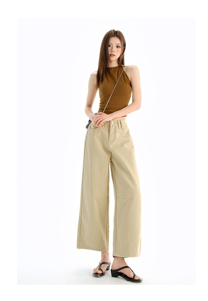 Vintage Washed Calf-Length Denim Pants for Women with Pleated Design, High-Waisted Straight-Leg Wide-Leg Trousers