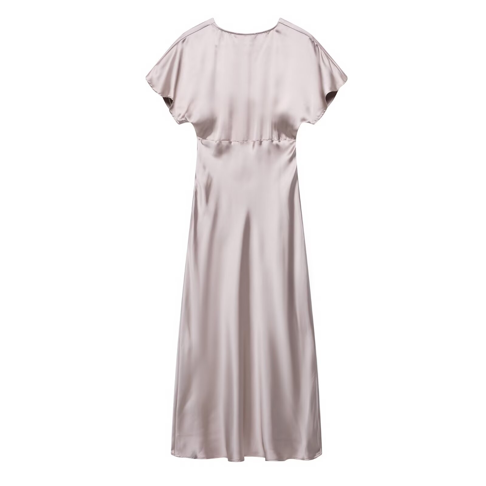 V-neck short sleeved waist cinched silk texture long dress for women